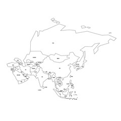 Political map of Asia. Simplified thin black wireframe outline with national borders and country name labels. Vector illustration.