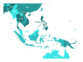 Map of Southeast Asia. Vector map in shades of turquoise blue.