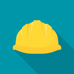 Construction helmet. Yellow safety hat. Plastic headwear. Vector illustration flat design. Isolated on background.