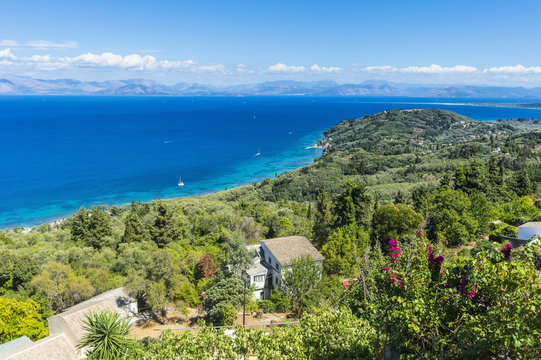 View over the coastline from the mountain village of Chlomos, Corfu, Ionian Islands, Greek Islands, Greece