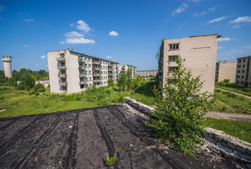 Fototapeta na wymiar Residential buildings in abandoned former Soviet military town Skrunda in Latvia