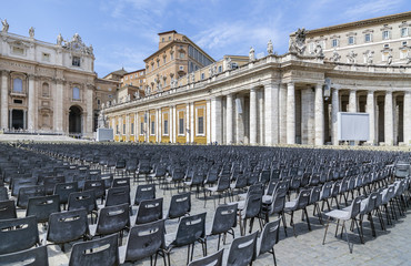 Empty chairs in front Basilica de San Pedro, in square, Piazza de San Pietro, Vatican city, Rome,...