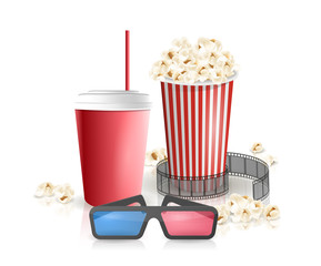 Movie objects. Popcorn, soda takeaway, 3d cinema glasses. Cinema design in realistic style. Vector illustration.