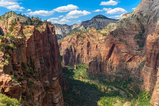 Beautiful scenery in Zion National Park with the virgin river, Hiking along the Angel's Landing trail, Utah, USA