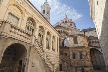 Historic center with ancient buildings in Citta ALta of Bergamo, Italy.