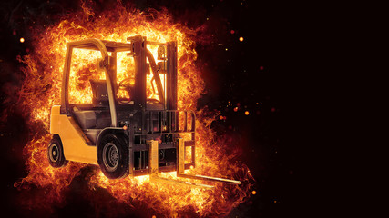 Fiery flames engulfing a forklift with copy space © XtravaganT
