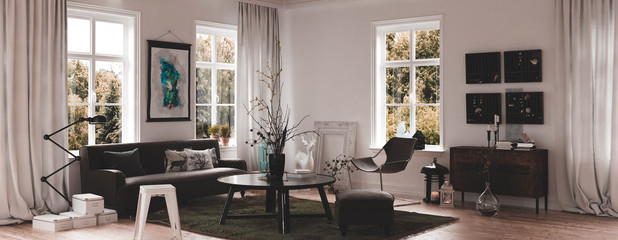 Panorama view of a luxury living room interior