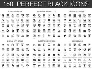 Cyber security, network technology, web development, digital marketing, electronic devices, 3d modeling black classic icon set.