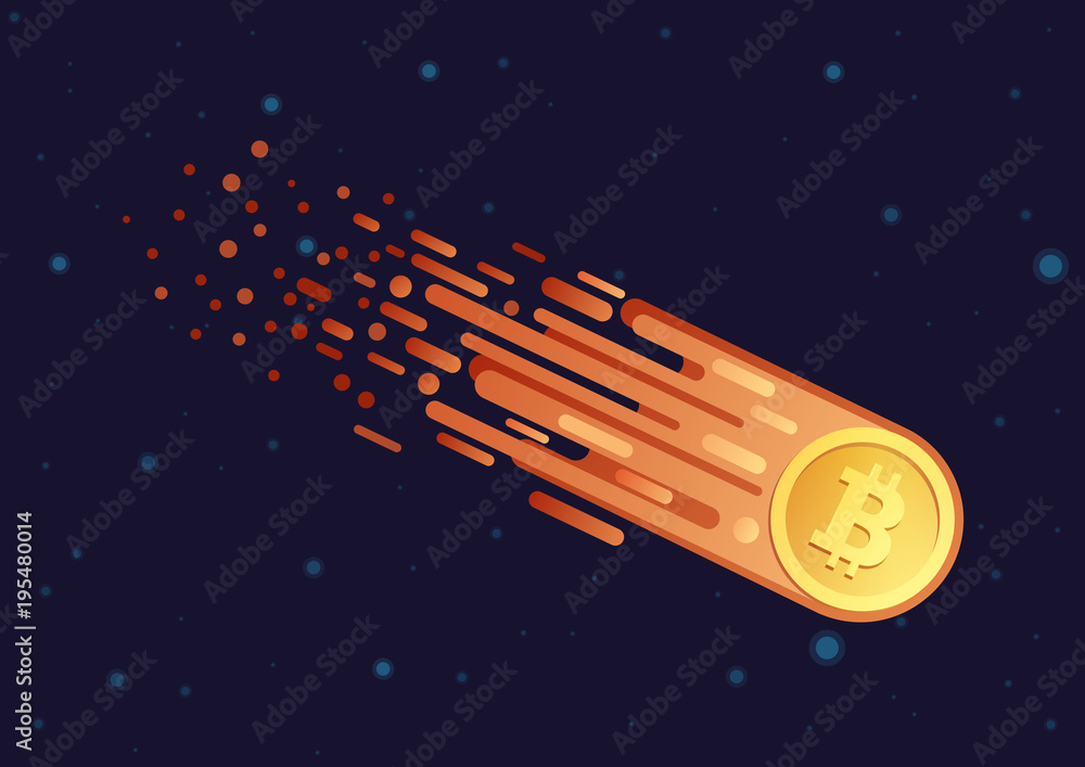 Poster Vector Cartoon illustration of comet with golden bitcoin symbol flying in open galaxy space. Bitcoin falling going down.