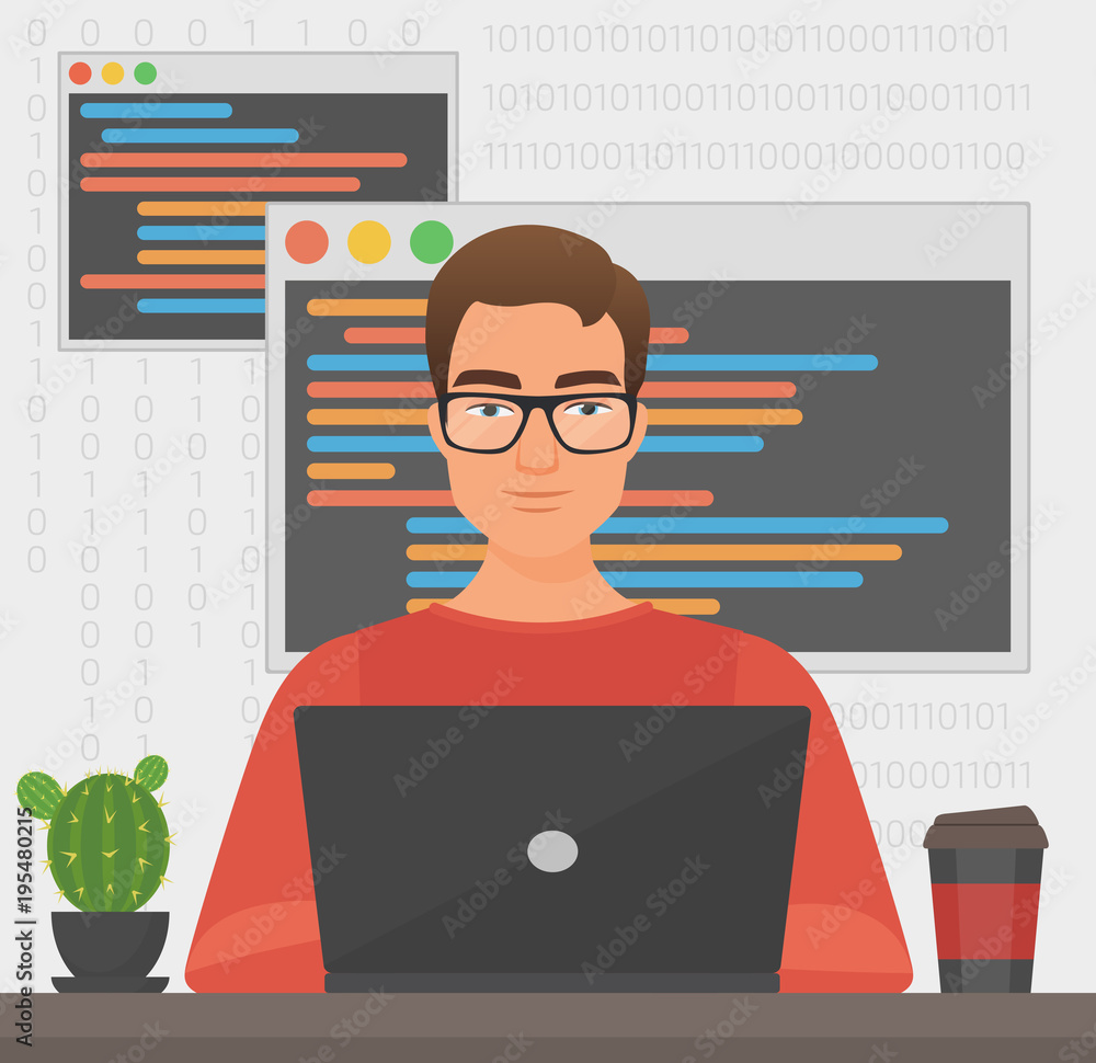 Fototapete Man programmer is working with laptop code. Programmer coding.