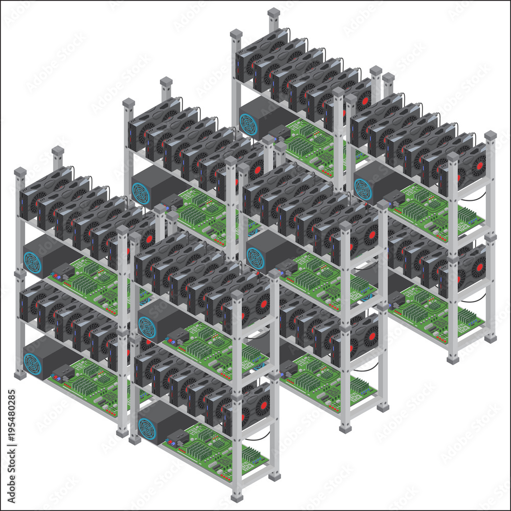 Poster several isometric vector crypto currency mining farms concept with graphic video cards isolated.