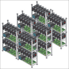 Several isometric vector crypto currency mining farms concept with graphic video cards isolated.