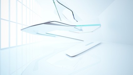Abstract white and colored gradient glasses interior multilevel public space with window. 3D illustration and rendering.
