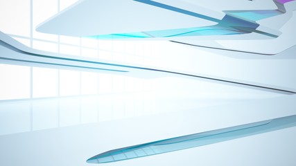Obraz premium Abstract white and colored gradient glasses interior multilevel public space with window. 3D illustration and rendering.