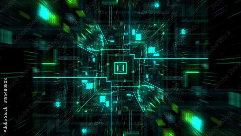 Poster abstract futuristic sci fi warp tunnel with particle grid. graphic for data center, server, internet