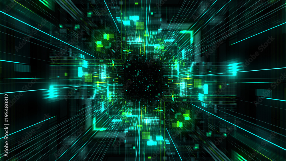 Poster abstract futuristic sci fi warp tunnel with particle grid. graphic for data center, server, internet