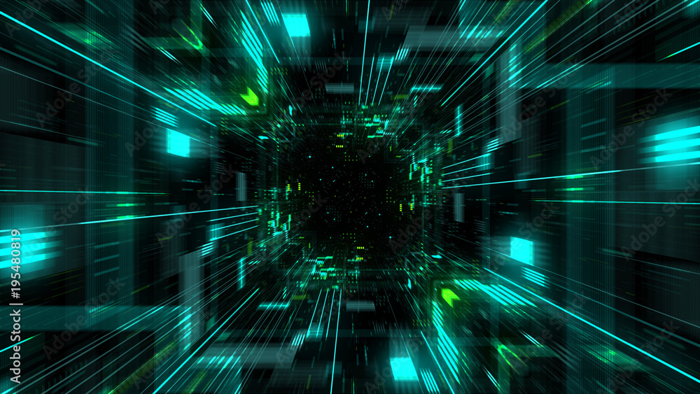 Poster abstract futuristic sci fi warp tunnel with particle grid. graphic for data center, server, internet