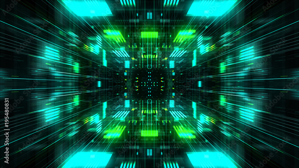 Poster abstract futuristic sci fi warp tunnel with particle grid. graphic for data center, server, internet