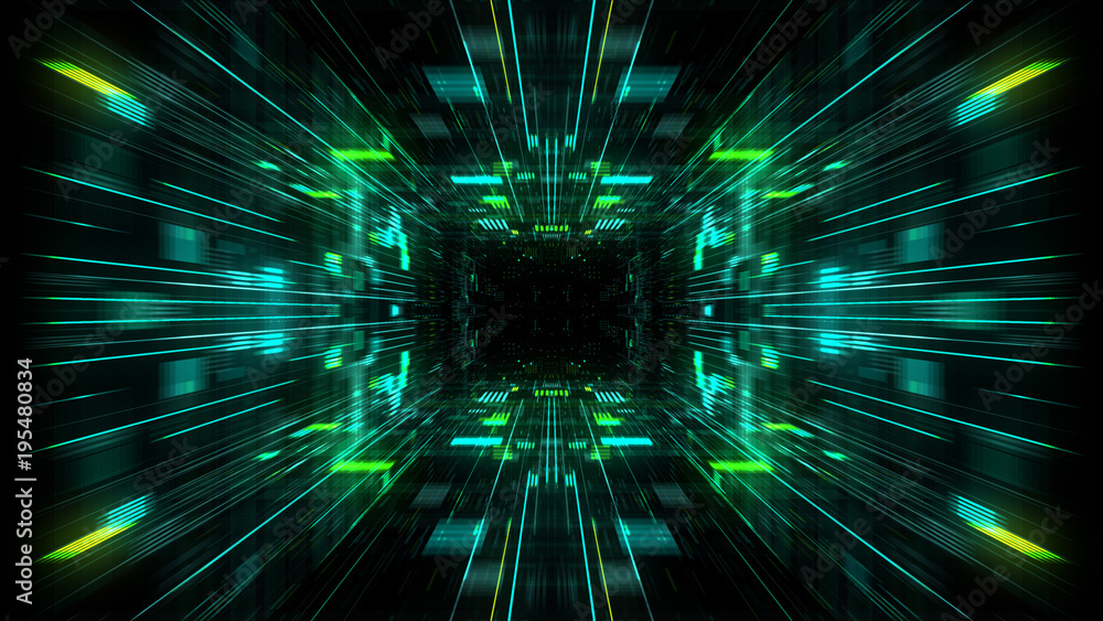 Poster abstract futuristic sci fi warp tunnel with particle grid. graphic for data center, server, internet