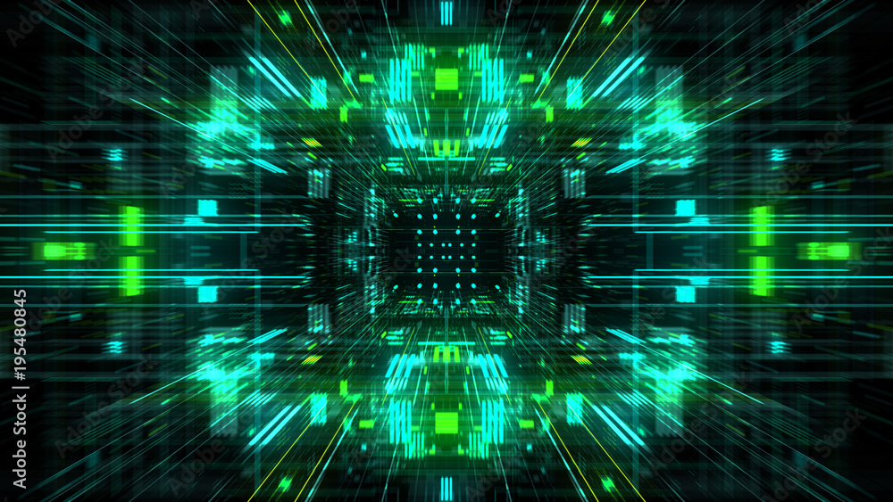 Poster abstract futuristic sci fi warp tunnel with particle grid. graphic for data center, server, internet