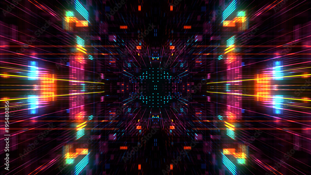 Poster abstract futuristic sci fi warp tunnel with particle grid. graphic for data center, server, internet