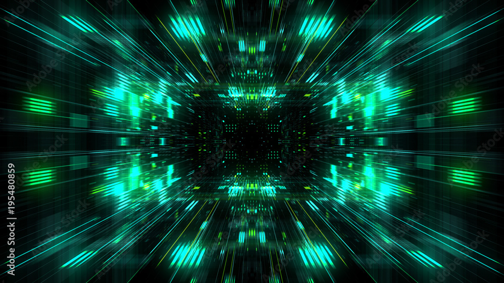 Poster abstract futuristic sci fi warp tunnel with particle grid. graphic for data center, server, internet
