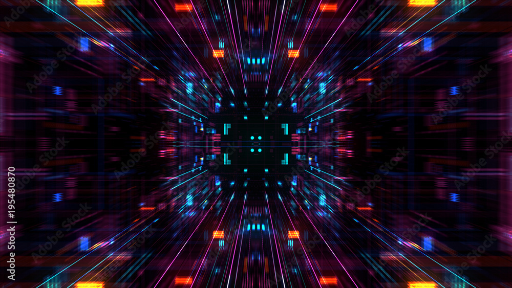 Poster abstract futuristic sci fi warp tunnel with particle grid. graphic for data center, server, internet