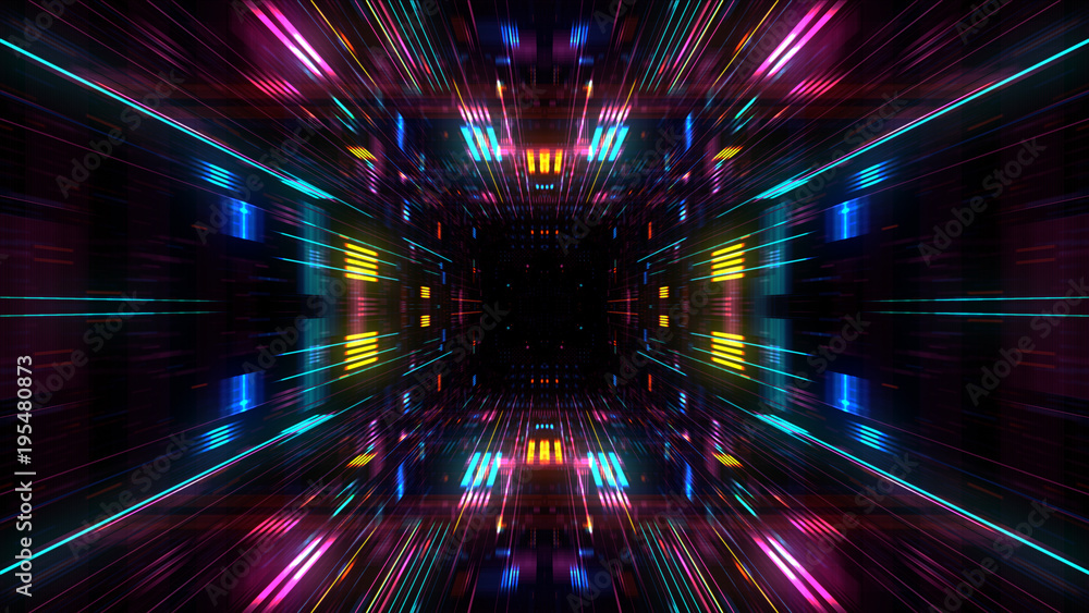 Poster abstract futuristic sci fi warp tunnel with particle grid. graphic for data center, server, internet