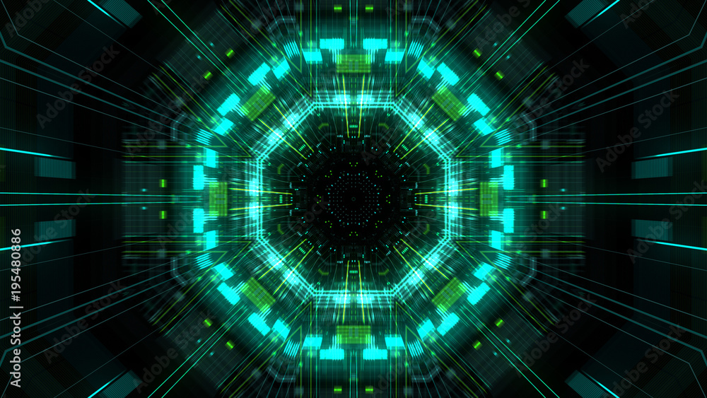 Poster abstract futuristic sci fi warp tunnel with particle grid. graphic for data center, server, internet