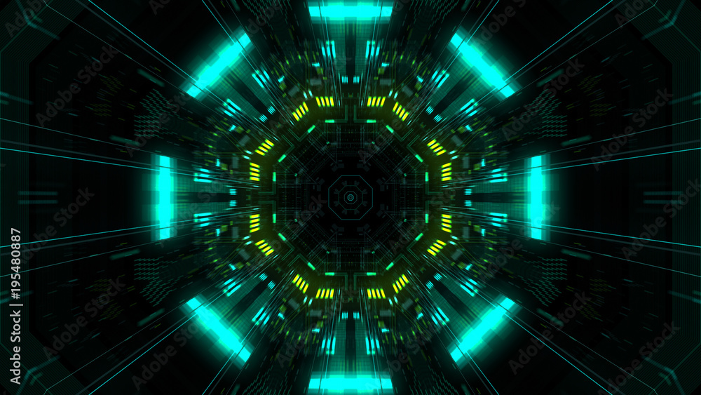 Poster abstract futuristic sci fi warp tunnel with particle grid. graphic for data center, server, internet