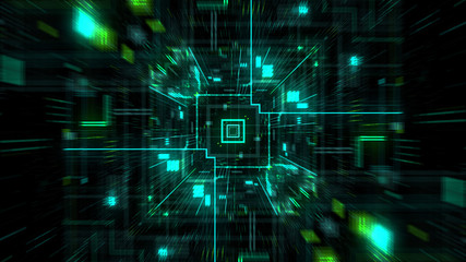 Fototapeta na wymiar Abstract futuristic sci fi warp tunnel with particle grid. Graphic for data center, server, internet, speed. Futuristic big data visualisation, hi tech background. 3D rendering.