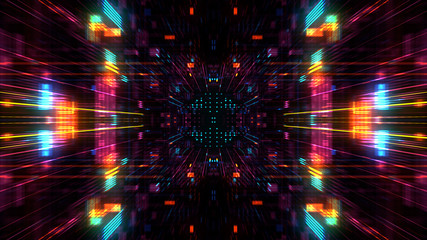 Fototapeta premium Abstract futuristic sci fi warp tunnel with particle grid. Graphic for data center, server, internet, speed. Futuristic big data visualisation, hi tech background. 3D rendering.