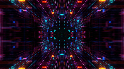 Fototapeta premium Abstract futuristic sci fi warp tunnel with particle grid. Graphic for data center, server, internet, speed. Futuristic big data visualisation, hi tech background. 3D rendering.
