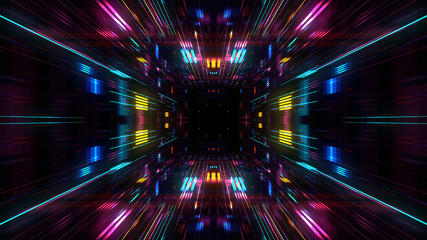 Abstract futuristic sci fi warp tunnel with particle grid. Graphic for data center, server, internet, speed. Futuristic big data visualisation, hi tech background. 3D rendering.