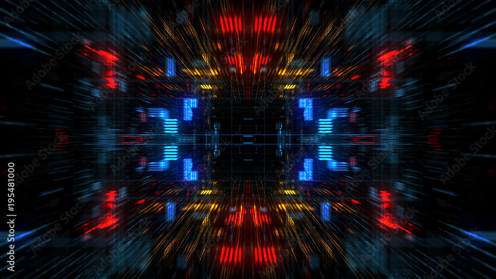 Poster abstract futuristic sci fi warp tunnel with particle grid. graphic for data center, server, internet
