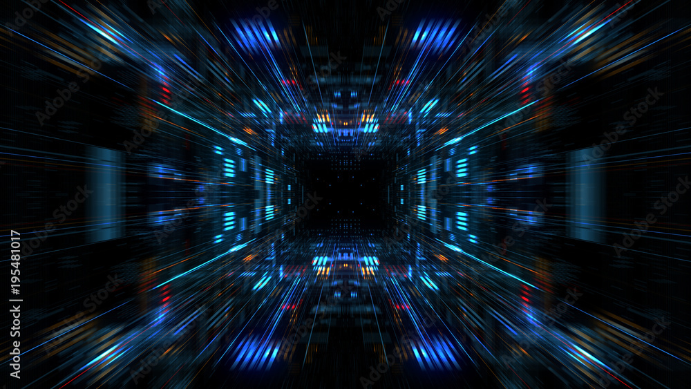 Poster abstract futuristic sci fi warp tunnel with particle grid. graphic for data center, server, internet