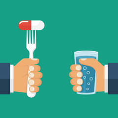 Eating pills. Taking tablet. Man holding a fork with the capsule. In the other hand a glass of water. Illustration flat design. Take painkillers pills. Medical treatment concept. Eat vitamins. 