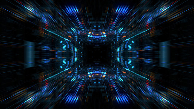 Abstract futuristic sci fi warp tunnel with particle grid. Graphic for data center, server, internet, speed. Futuristic big data visualisation, hi tech background. 3D rendering.