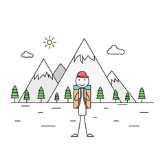 Happy cartoon stick figure with backpack enjoying outdoors nature environment