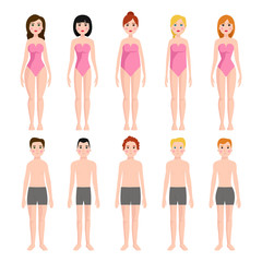 Fototapeta premium Vector illustration of different body shape types characters standing beauty figure cartoon model.