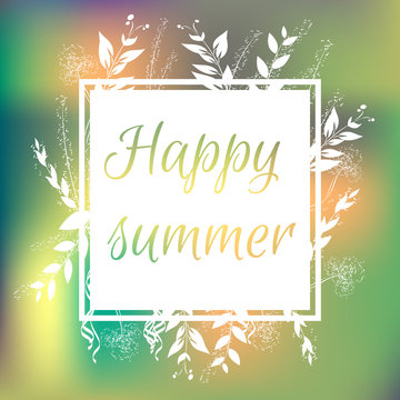 Floral colorful summer background with white frame. Happy summer.