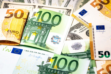 Euro banknotes close up. Several hundred 