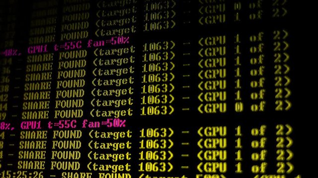 Mining Cryptocurrency process program on display PC. Using Software. Share Found.