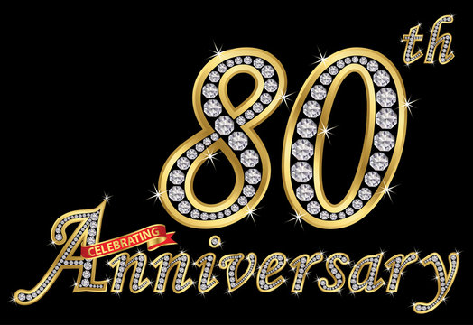 Celebrating  80th anniversary golden sign with diamonds, vector illustration