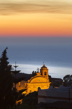 Malfa, church at dusk with sea behind, Sicily, Mediterranean