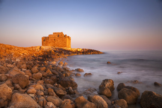 Paphos Castle with rocky shoreline, Paphos harbour, Cyprus, Mediterranean