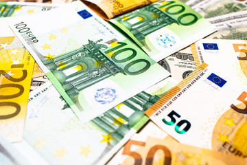 Euro banknotes close up. Several hundred 