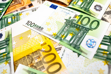 Euro banknotes close up. Several hundred 