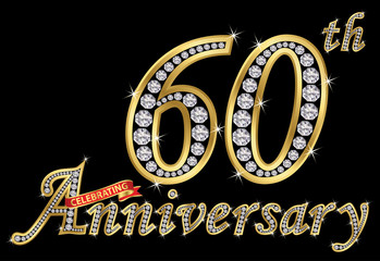 Celebrating  60th anniversary golden sign with diamonds, vector illustration