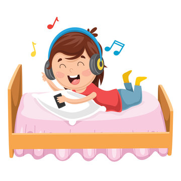 Vector Illustration Of Kid Lying On Bed
